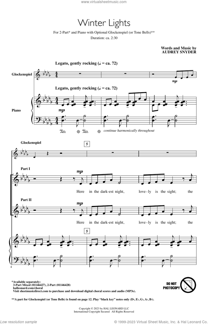 Winter Lights sheet music for choir (2-Part) by Audrey Snyder, intermediate duet