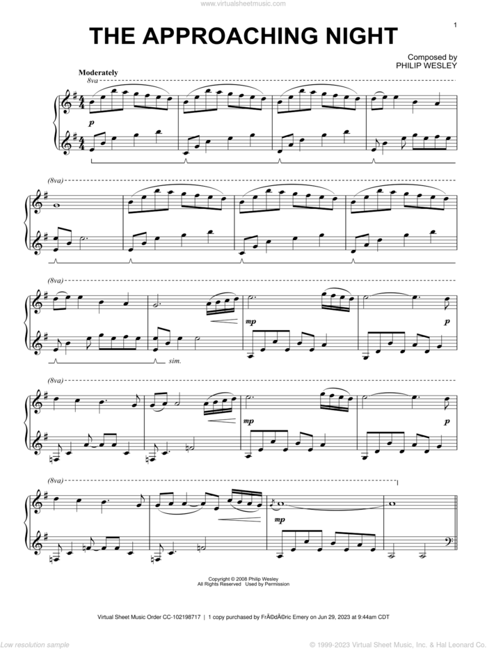 The Approaching Night, (intermediate) sheet music for piano solo by Philip Wesley, intermediate skill level