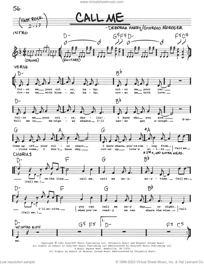 Call Me sheet music for voice and other instruments (real book with lyrics) by Blondie, Deborah Harry and Giorgio Moroder, intermediate skill level