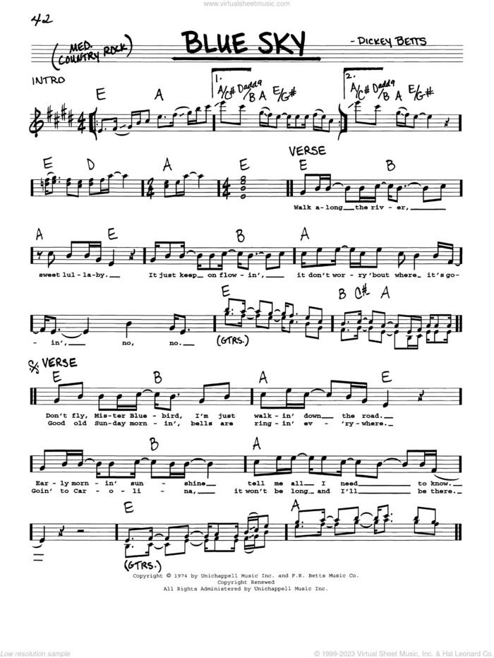 Blue Sky sheet music for voice and other instruments (real book with lyrics) by Allman Brothers Band and Dickey Betts, intermediate skill level