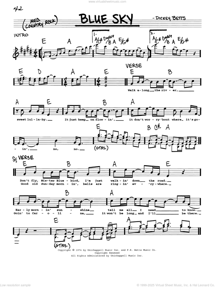 Blue Sky sheet music for voice and other instruments (real book with lyrics) by Allman Brothers Band and Dickey Betts, intermediate skill level