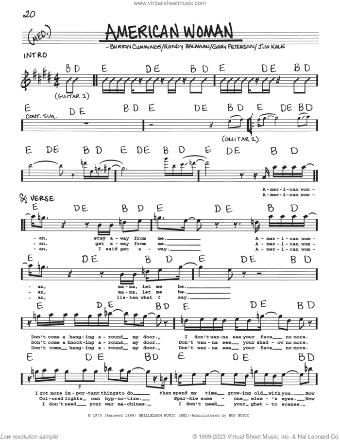 American Woman sheet music for voice and other instruments (real book with lyrics) by The Guess Who, Lenny Kravitz, Burton Cummings, Garry Peterson, Jim Kale and Randy Bachman, intermediate skill level