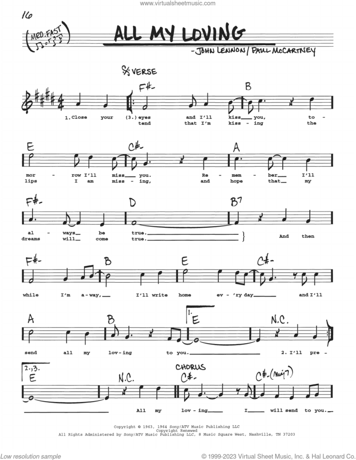 All My Loving sheet music for voice and other instruments (real book with lyrics) by The Beatles, John Lennon and Paul McCartney, intermediate skill level