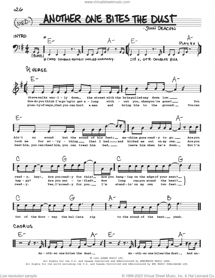Another One Bites The Dust sheet music for voice and other instruments (real book with lyrics) by Queen and John Deacon, intermediate skill level