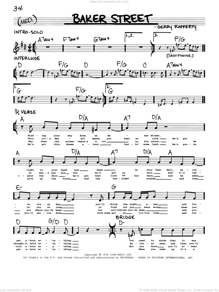 Baker Street sheet music for voice and other instruments (real book with lyrics) by Gerry Rafferty and Foo Fighters, intermediate skill level