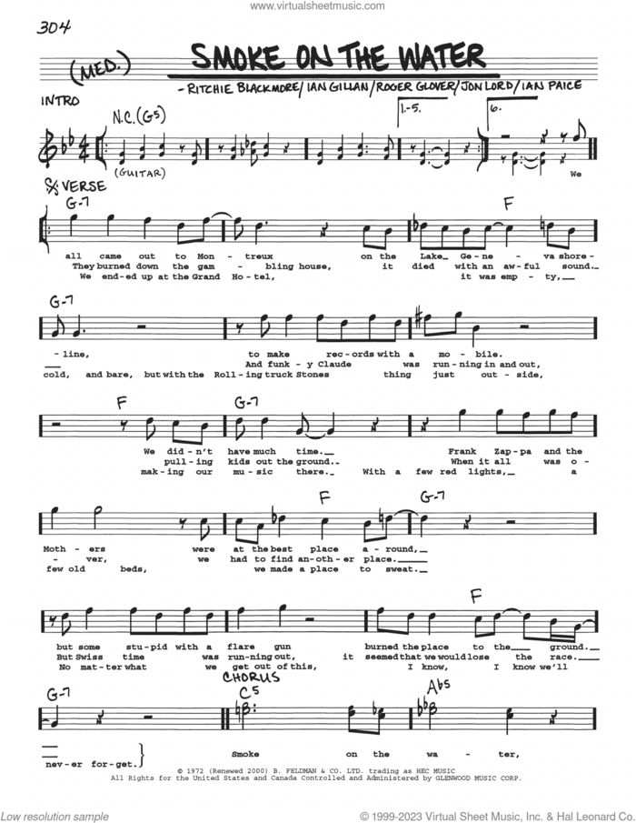 Smoke On The Water sheet music for voice and other instruments (real book with lyrics) by Deep Purple, Ian Gillan, Ian Paice, Jon Lord, Ritchie Blackmore and Roger Glover, intermediate skill level
