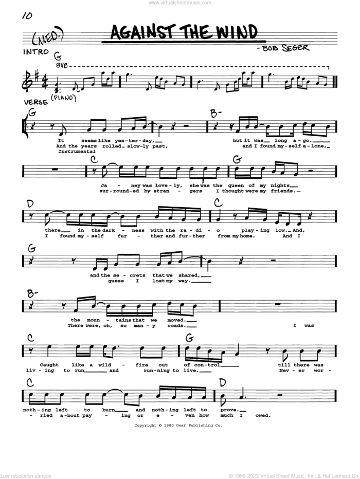 Against The Wind sheet music for voice and other instruments (real book with lyrics) by Bob Seger and Bob Seger & The Silver Bullet Band, intermediate skill level