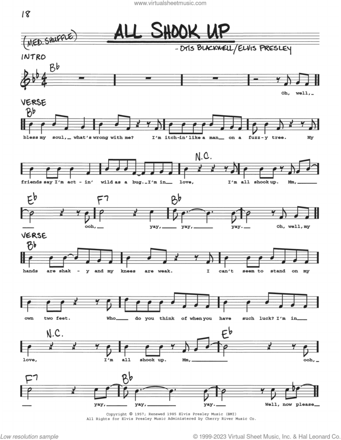 All Shook Up sheet music for voice and other instruments (real book with lyrics) by Elvis Presley and Otis Blackwell, intermediate skill level