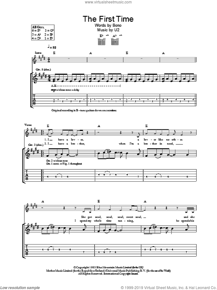 The First Time sheet music for guitar (tablature) by U2, intermediate skill level