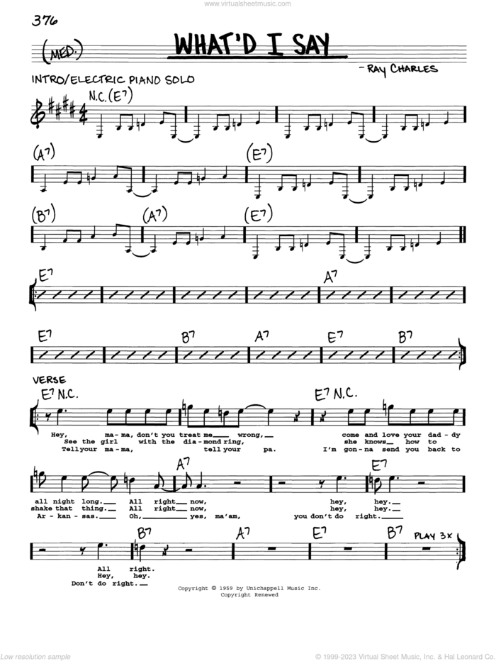 What'd I Say sheet music for voice and other instruments (real book with lyrics) by Ray Charles and Elvis Presley, intermediate skill level