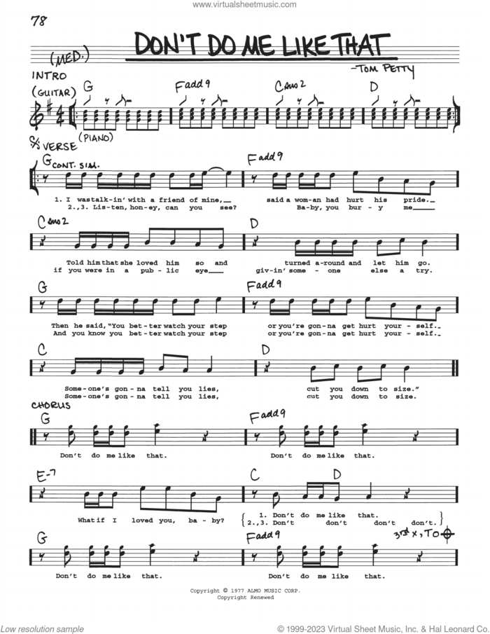 Don't Do Me Like That sheet music for voice and other instruments (real book with lyrics) by Tom Petty And The Heartbreakers and Tom Petty, intermediate skill level
