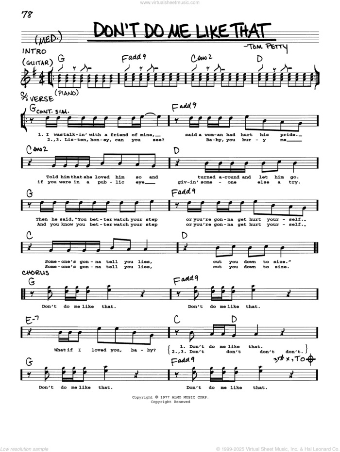 Don't Do Me Like That sheet music for voice and other instruments (real book with lyrics) by Tom Petty And The Heartbreakers and Tom Petty, intermediate skill level