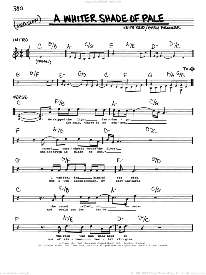 A Whiter Shade Of Pale sheet music for voice and other instruments (real book with lyrics) by Procol Harum, Gary Brooker, Keith Reid and Matthew Fisher, intermediate skill level