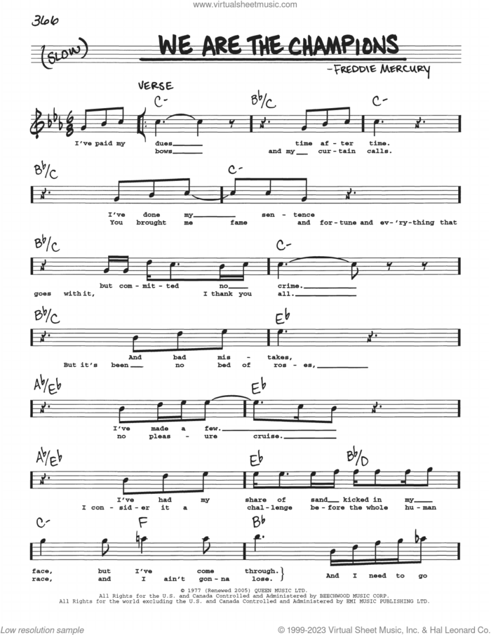 We Are The Champions sheet music for voice and other instruments (real book with lyrics) by Queen and Freddie Mercury, intermediate skill level