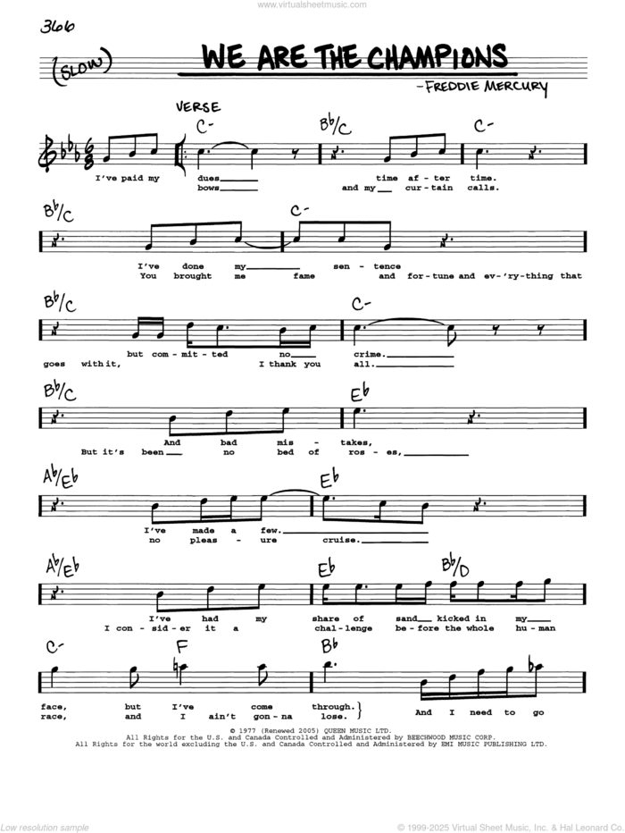 We Are The Champions sheet music for voice and other instruments (real book with lyrics) by Queen and Freddie Mercury, intermediate skill level