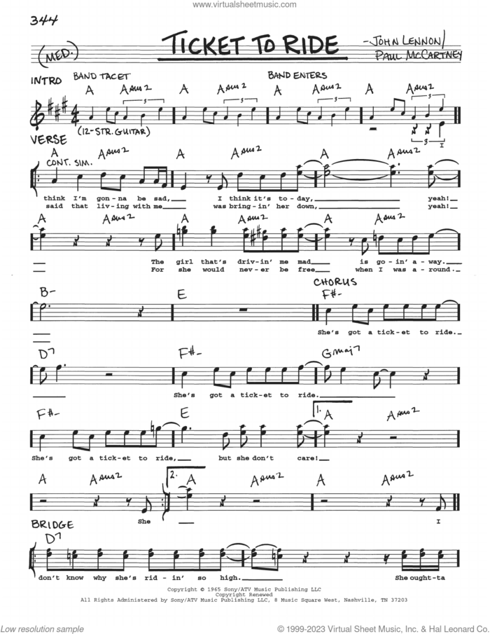 Ticket To Ride sheet music for voice and other instruments (real book with lyrics) by The Beatles, John Lennon and Paul McCartney, intermediate skill level