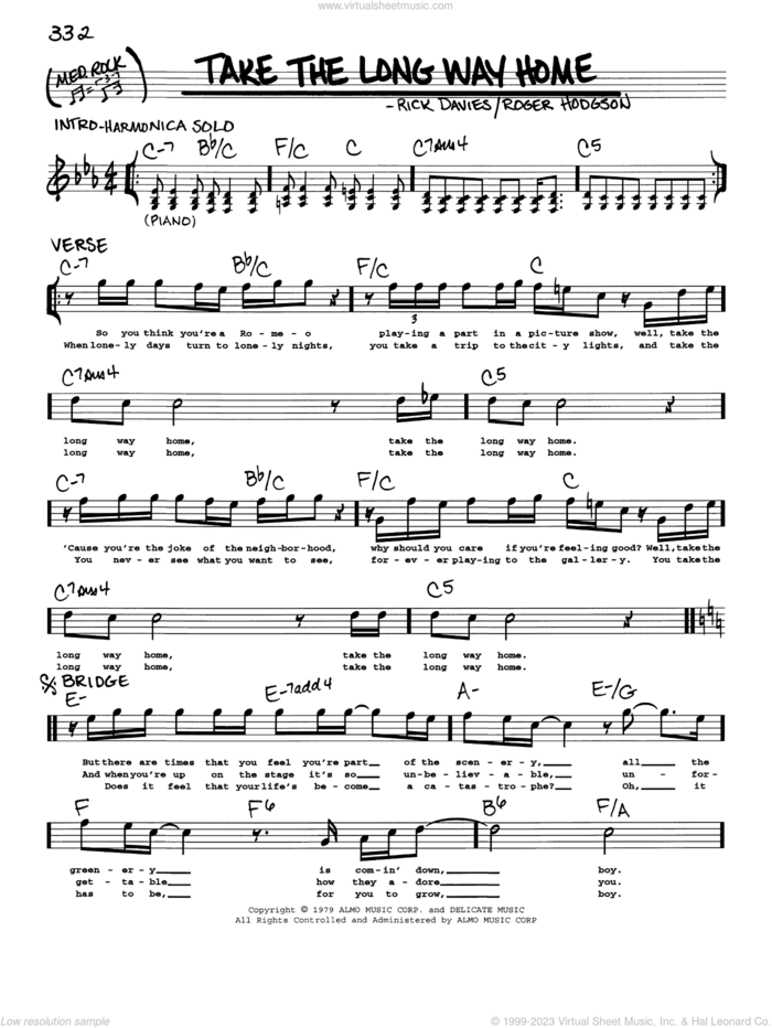 Take The Long Way Home sheet music for voice and other instruments (real book with lyrics) by Supertramp, Rick Davies and Roger Hodgson, intermediate skill level