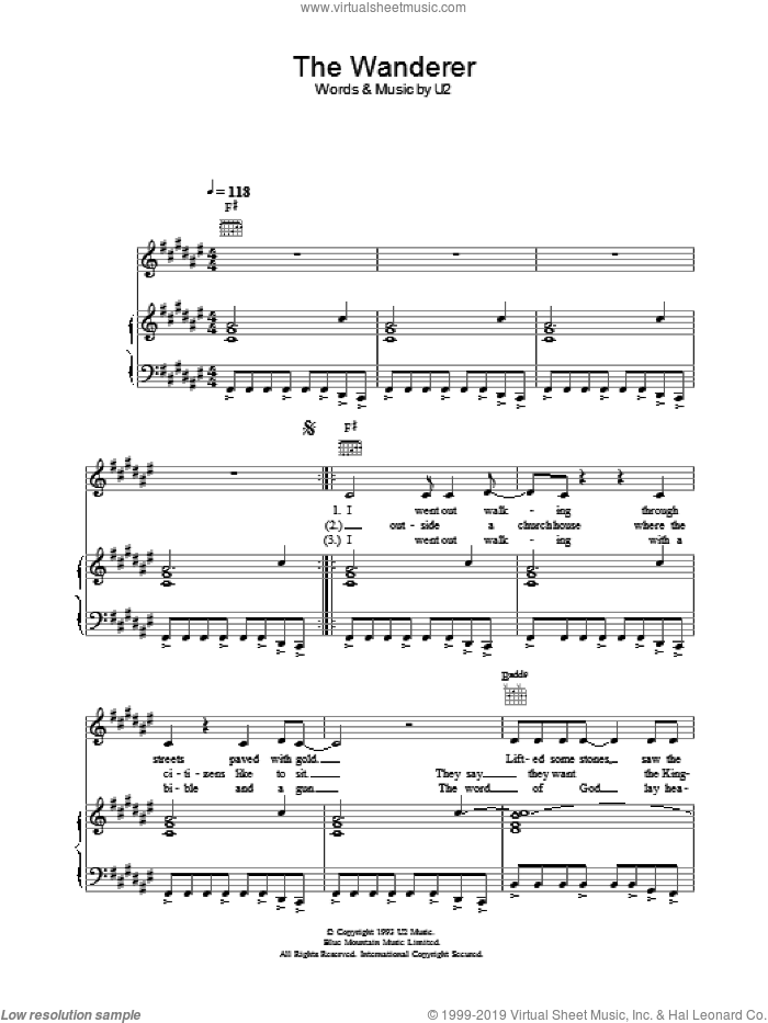 The Wanderer sheet music for voice, piano or guitar by Johnny Cash and U2, intermediate skill level