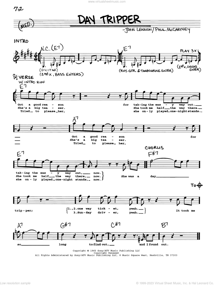 Day Tripper sheet music for voice and other instruments (real book with lyrics) by The Beatles, John Lennon and Paul McCartney, intermediate skill level