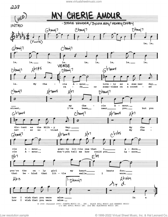 My Cherie Amour sheet music for voice and other instruments (real book with lyrics) by Stevie Wonder, Henry Cosby and Sylvia Moy, intermediate skill level