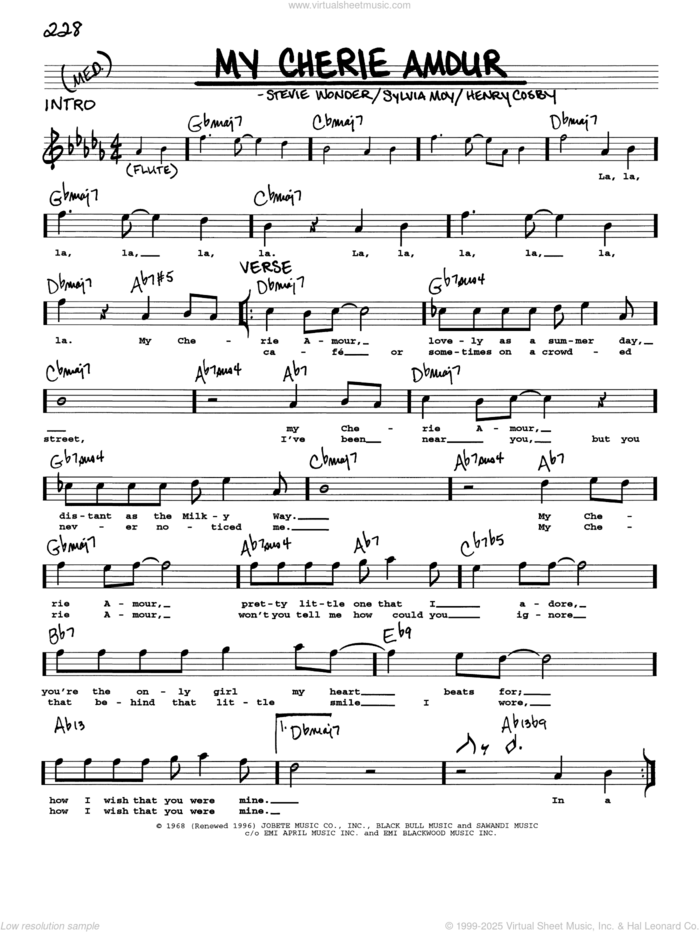 My Cherie Amour sheet music for voice and other instruments (real book with lyrics) by Stevie Wonder, Henry Cosby and Sylvia Moy, intermediate skill level