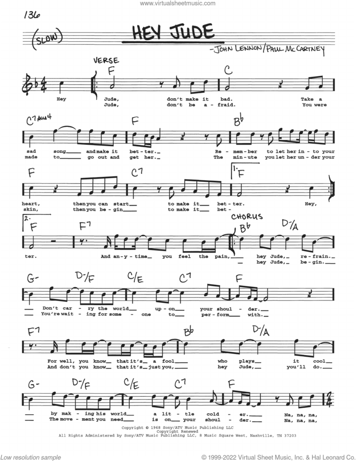 Hey Jude sheet music for voice and other instruments (real book with lyrics) by The Beatles, John Lennon and Paul McCartney, intermediate skill level