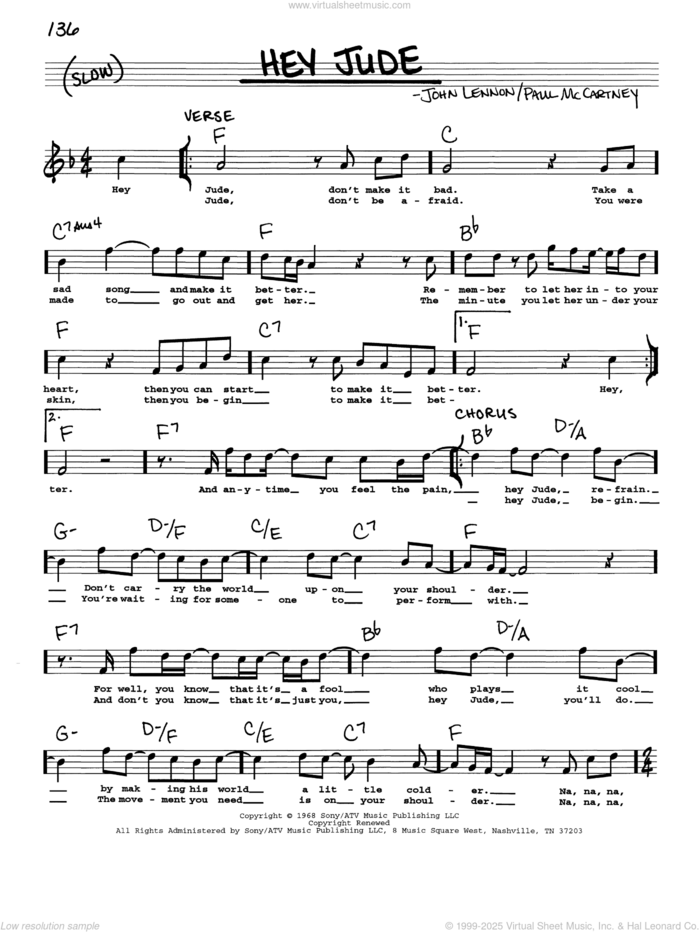 Hey Jude sheet music for voice and other instruments (real book with lyrics) by The Beatles, John Lennon and Paul McCartney, intermediate skill level