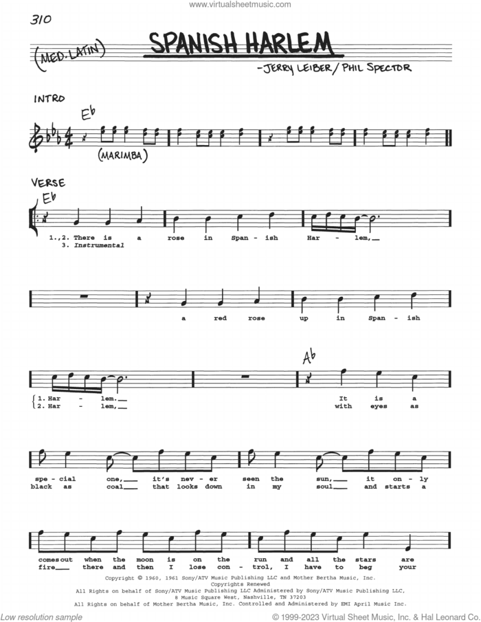 Spanish Harlem sheet music for voice and other instruments (real book with lyrics) by Ben E. King, Aretha Franklin, Jerry Leiber and Phil Spector, intermediate skill level