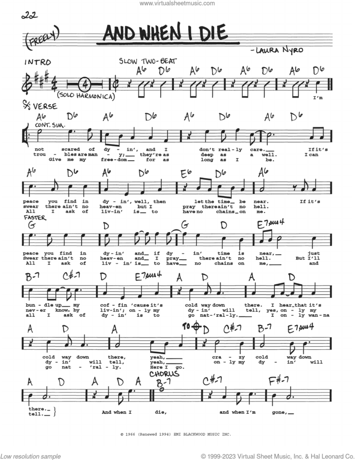 And When I Die sheet music for voice and other instruments (real book with lyrics) by Blood, Sweat & Tears, Peter, Paul & Mary and Laura Nyro, intermediate skill level