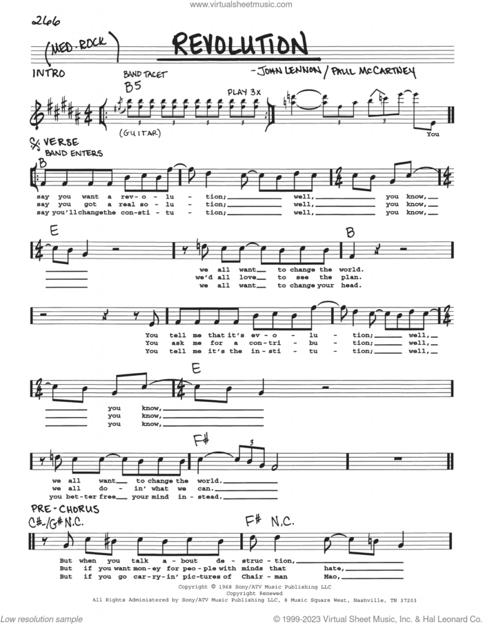 Revolution sheet music for voice and other instruments (real book with lyrics) by The Beatles, John Lennon and Paul McCartney, intermediate skill level