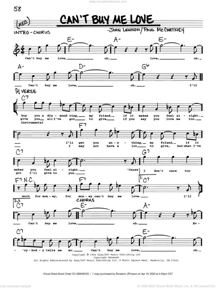 Can't Buy Me Love sheet music for voice and other instruments (real book with lyrics) by The Beatles, John Lennon and Paul McCartney, intermediate skill level