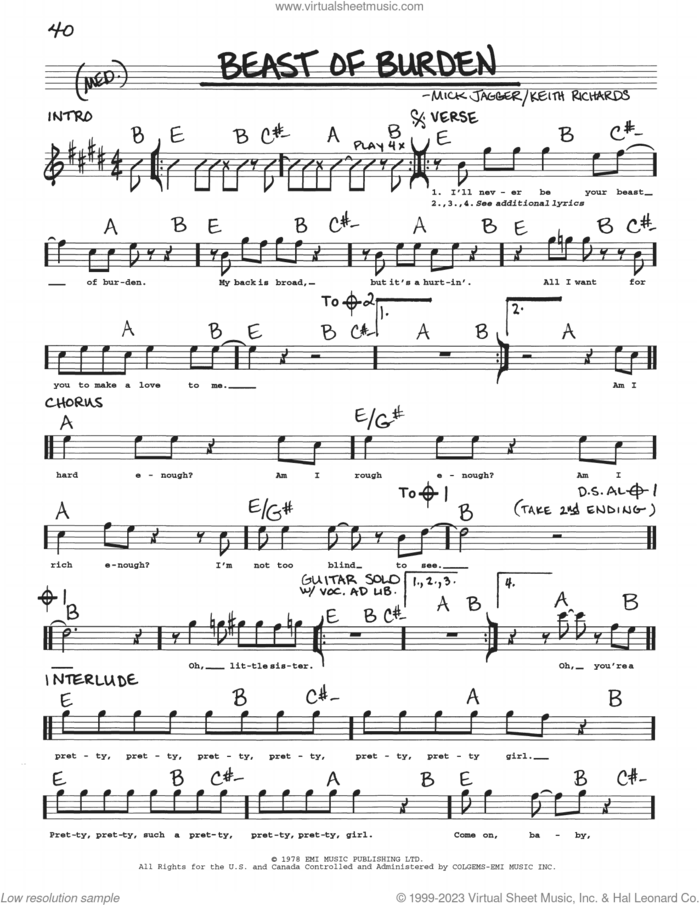 Beast Of Burden sheet music for voice and other instruments (real book with lyrics) by The Rolling Stones, Bette Midler, Keith Richards and Mick Jagger, intermediate skill level