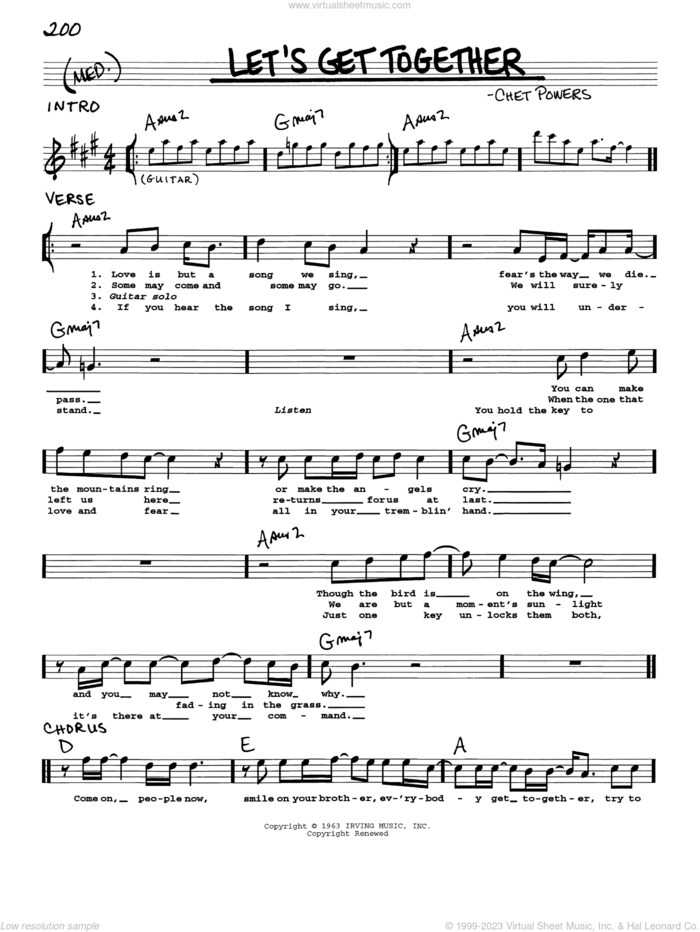 Let's Get Together (Get Together) sheet music for voice and other instruments (real book with lyrics) by The Youngbloods, Big Mountain, Indigo Girls and Chet Powers, intermediate skill level