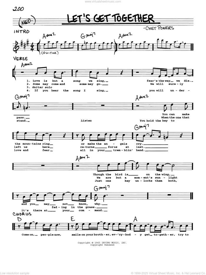 Let's Get Together (Get Together) sheet music for voice and other instruments (real book with lyrics) by The Youngbloods, Big Mountain, Indigo Girls and Chet Powers, intermediate skill level