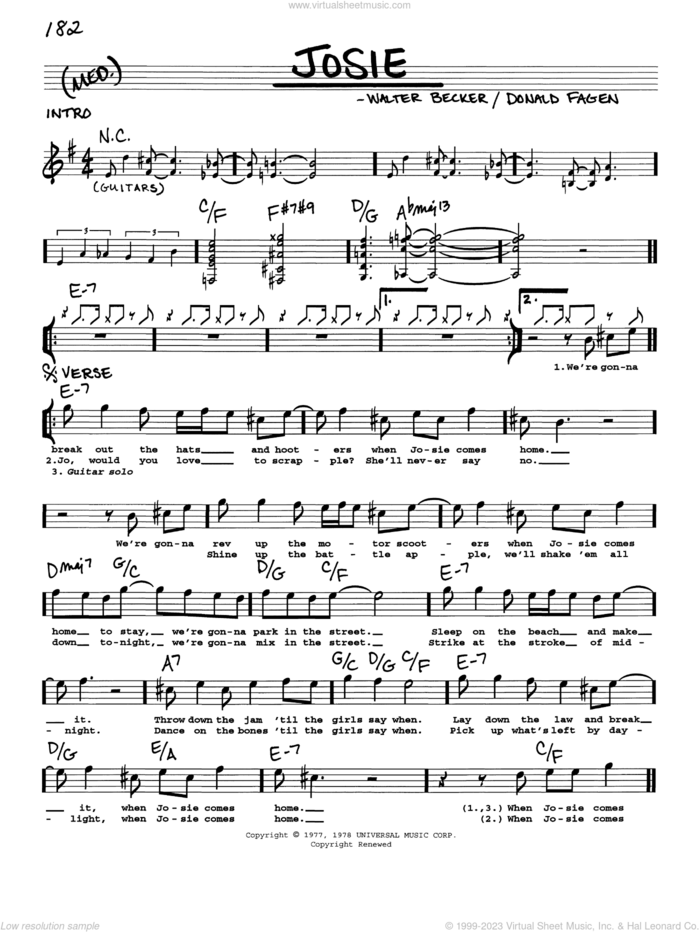 Josie sheet music for voice and other instruments (real book with lyrics) by Steely Dan, Donald Fagen and Walter Becker, intermediate skill level