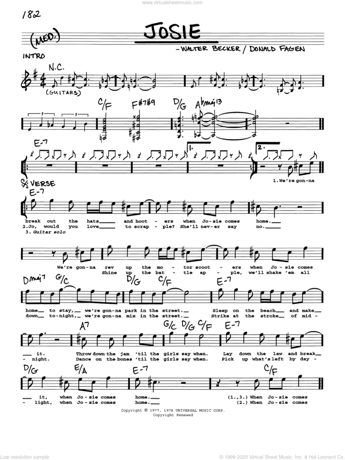 Josie sheet music for voice and other instruments (real book with lyrics) by Steely Dan, Donald Fagen and Walter Becker, intermediate skill level