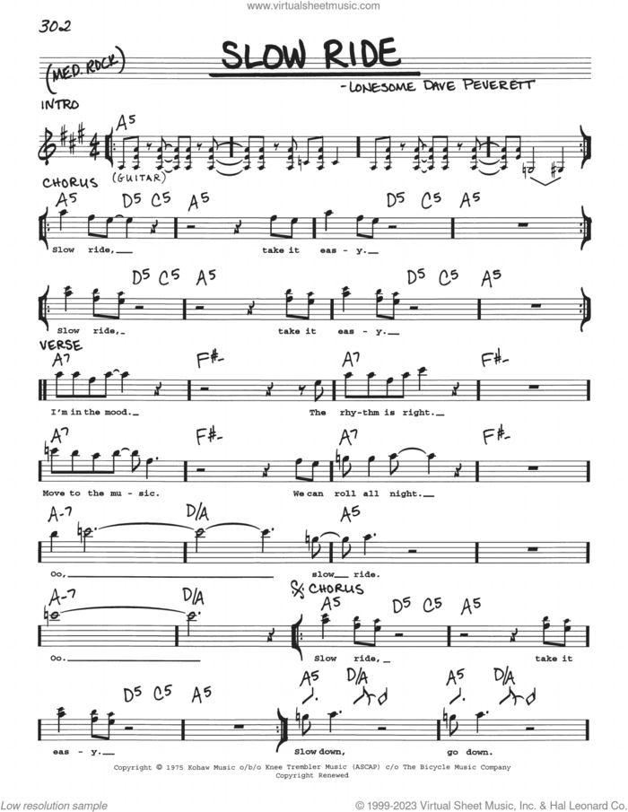 Slow Ride sheet music for voice and other instruments (real book with lyrics) by Foghat and Lonesome Dave Peverett, intermediate skill level