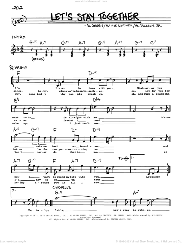 Let's Stay Together sheet music for voice and other instruments (real book with lyrics) by Al Green, Al Jackson, Jr. and Willie Mitchell, intermediate skill level