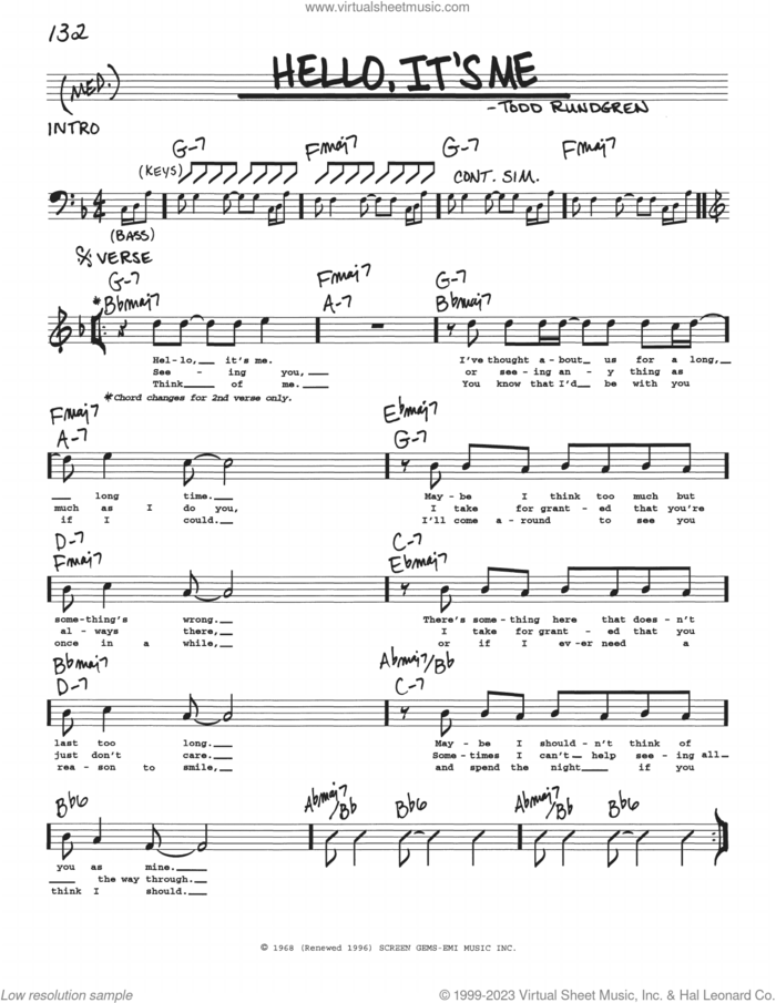 Hello, It's Me sheet music for voice and other instruments (real book with lyrics) by Todd Rundgren, intermediate skill level