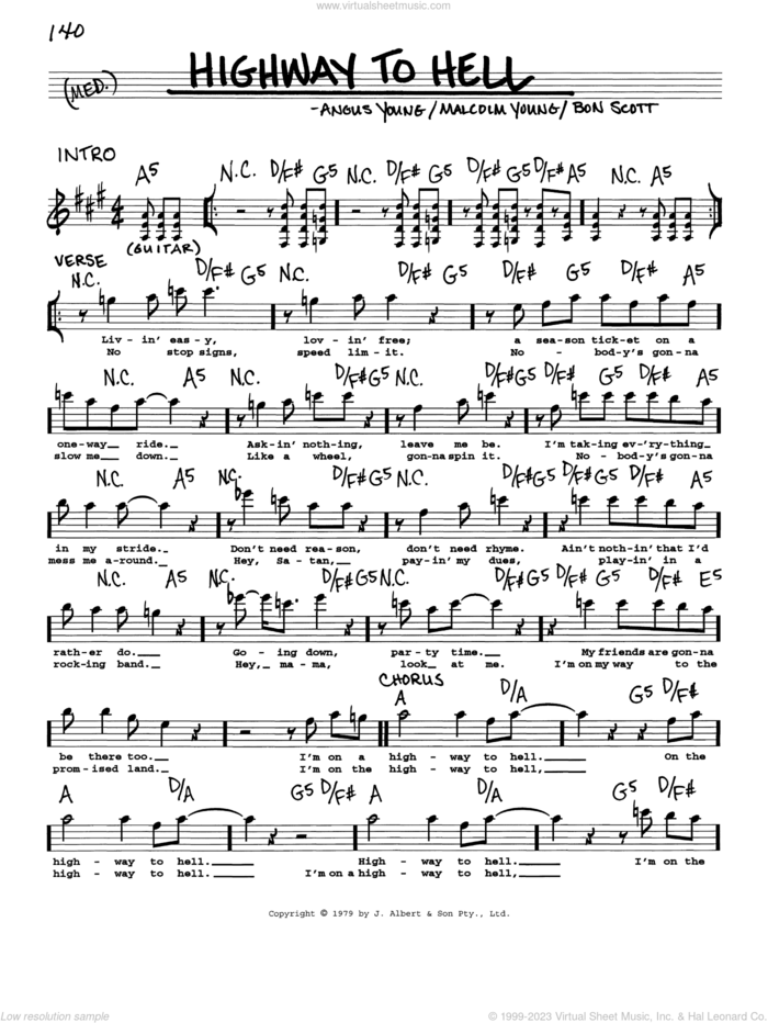 Highway To Hell sheet music for voice and other instruments (real book with lyrics) by AC/DC, Angus Young, Malcolm Young and Ronald Belford Scott, intermediate skill level