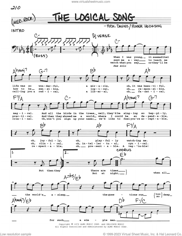 The Logical Song sheet music for voice and other instruments (real book with lyrics) by Supertramp, Rick Davies and Roger Hodgson, intermediate skill level
