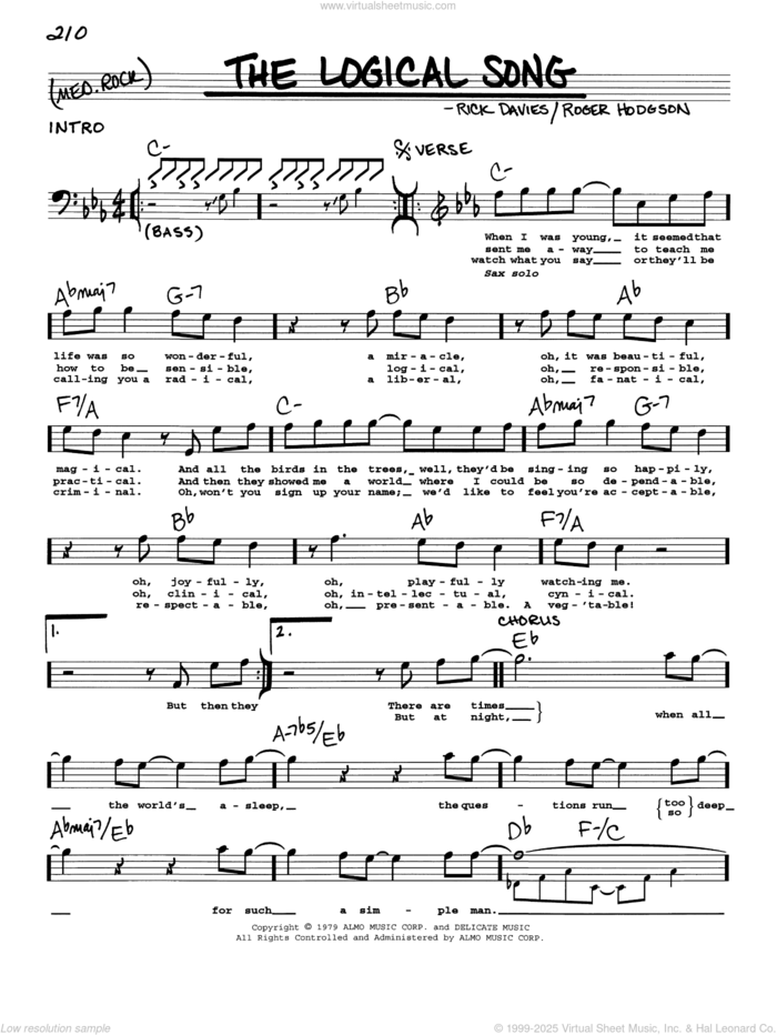 The Logical Song sheet music for voice and other instruments (real book with lyrics) by Supertramp, Rick Davies and Roger Hodgson, intermediate skill level