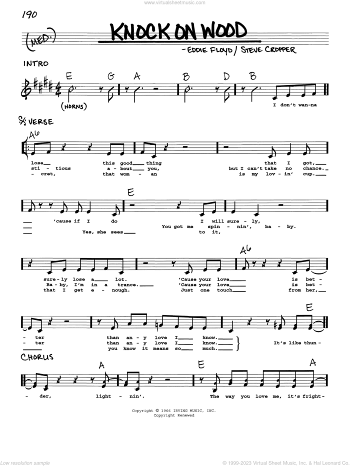 Knock On Wood sheet music for voice and other instruments (real book with lyrics) by Eddie Floyd, Otis Redding and Steve Cropper, intermediate skill level