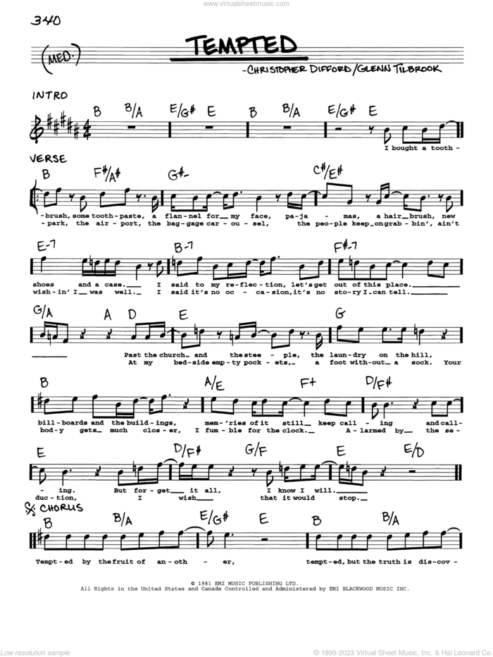 Tempted sheet music for voice and other instruments (real book with lyrics) by Squeeze, Joe Cocker, Christopher Difford and Glenn Tilbrook, intermediate skill level