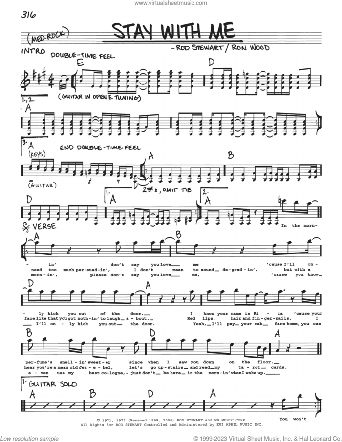 Stay With Me sheet music for voice and other instruments (real book with lyrics) by Rod Stewart and Ron Wood, intermediate skill level