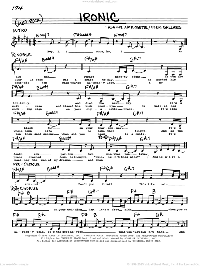 Ironic sheet music for voice and other instruments (real book with lyrics) by Alanis Morissette and Glen Ballard, intermediate skill level