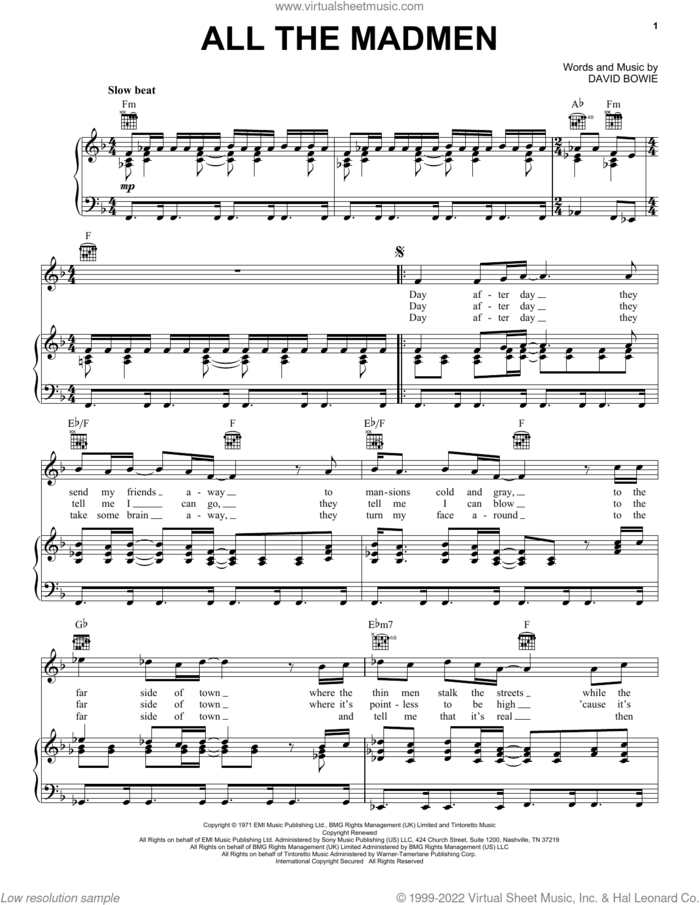 All The Madmen sheet music for voice, piano or guitar by David Bowie, intermediate skill level