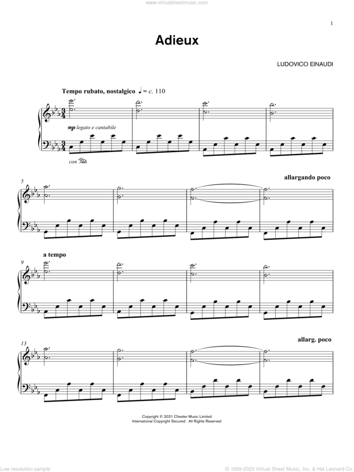 Adieux sheet music for piano solo by Ludovico Einaudi, classical score, intermediate skill level