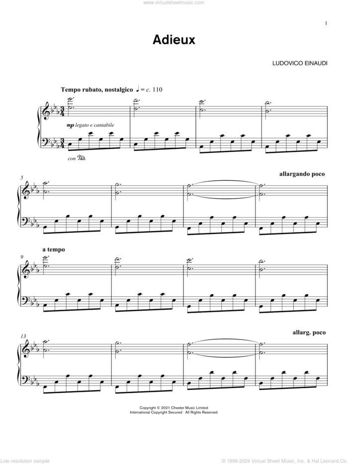 Adieux sheet music for piano solo by Ludovico Einaudi, classical score, intermediate skill level