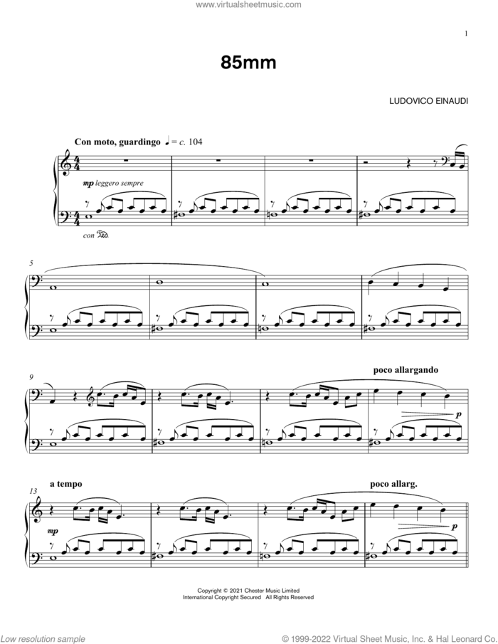 85mm sheet music for piano solo by Ludovico Einaudi, classical score, intermediate skill level